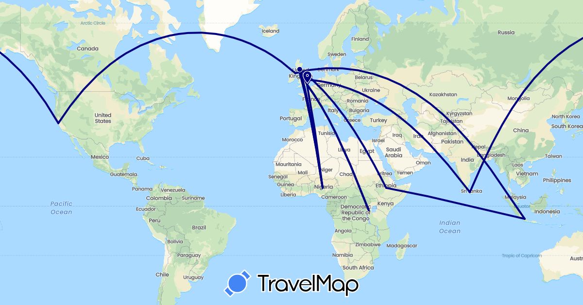 TravelMap itinerary: driving in Ethiopia, United Kingdom, Indonesia, Sri Lanka, Nigeria, Rwanda, United States (Africa, Asia, Europe, North America)